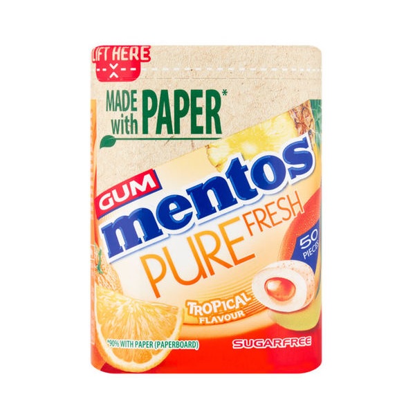 Mentos Gum Pure Fresh Paper Bottles Tropical 50s 100g