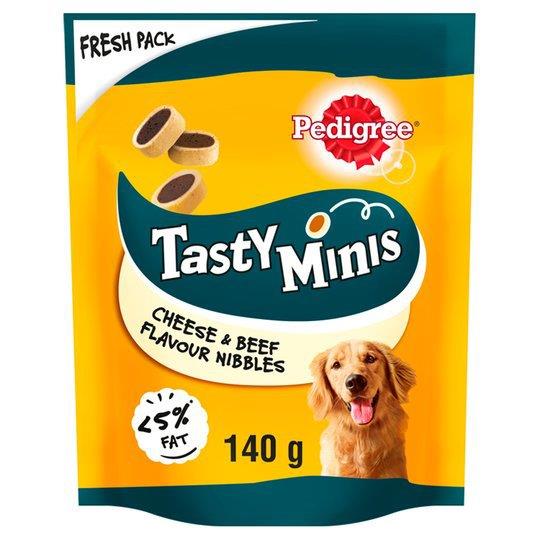 Pedigree Tasty Minis Dog Treats Cheesy Nibbles With Cheese And Beef 140g