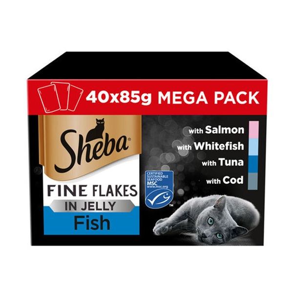 Sheba Fine Flakes Cat Pouches Fish Collection In Jelly Bulk Packs (40 x 85g)