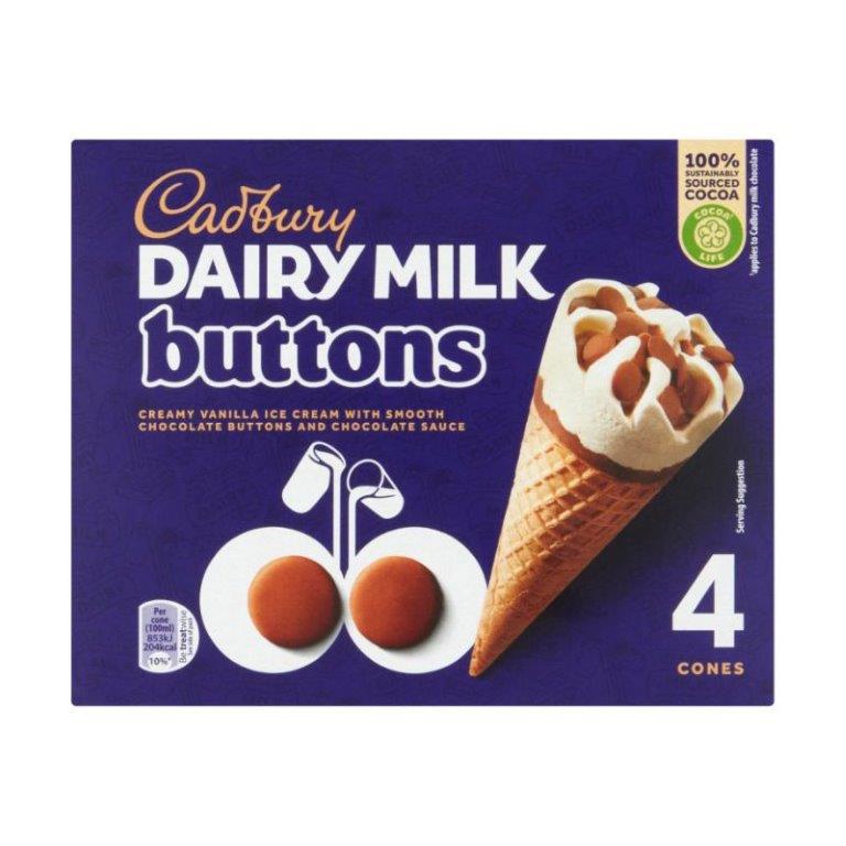Cadbury Dairy Milk Buttons Ice Cream Cones 4pk