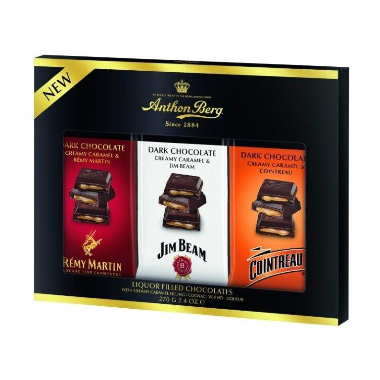 Anthon Berg Triple Pack Of Dark Chocolate Liqueur & Caramel Bars Box 270g